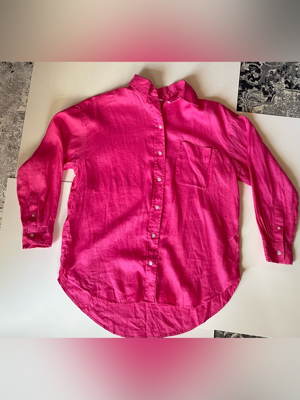 100% Linen H&M Women's Bright Pink Button-Down Shirt Lightweight Summer Preppy